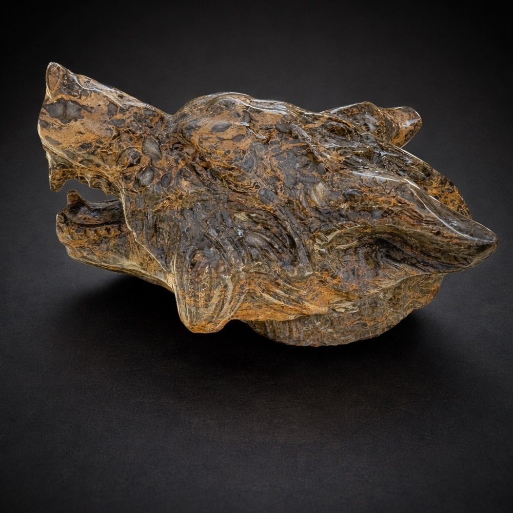 Jasper Wolf Head Sculpture in Brown and Black